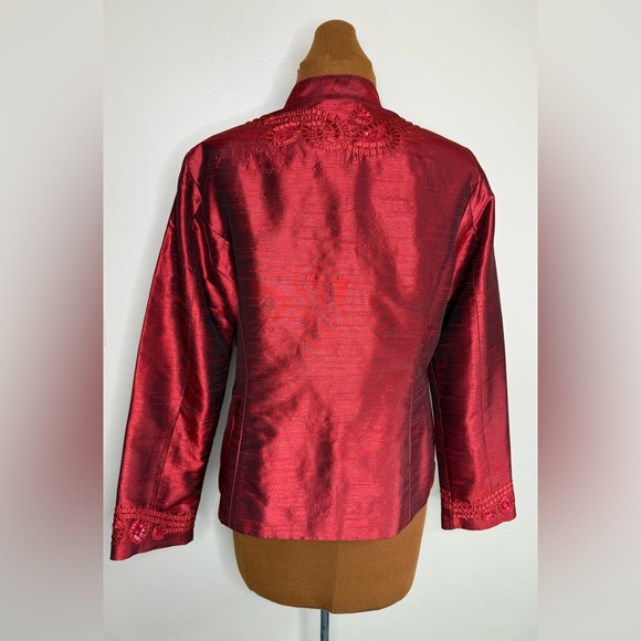 Chicos Silk Look Dress Jacket Ribbon Sequins Terracotta Red Hidden Buttons Sz 8 - Picture 3 of 6